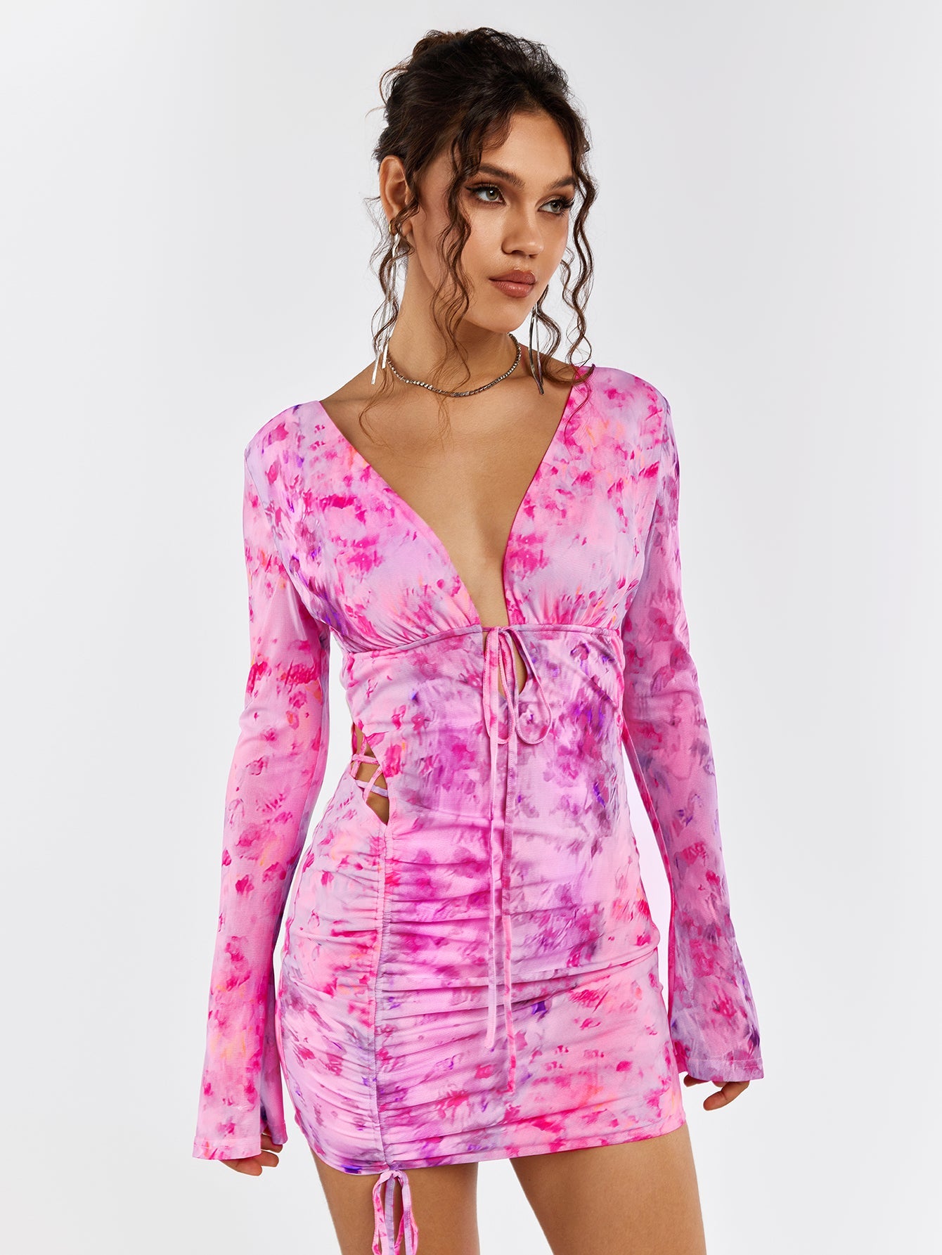 Deep V-Neck Backless Tie Floral Dress