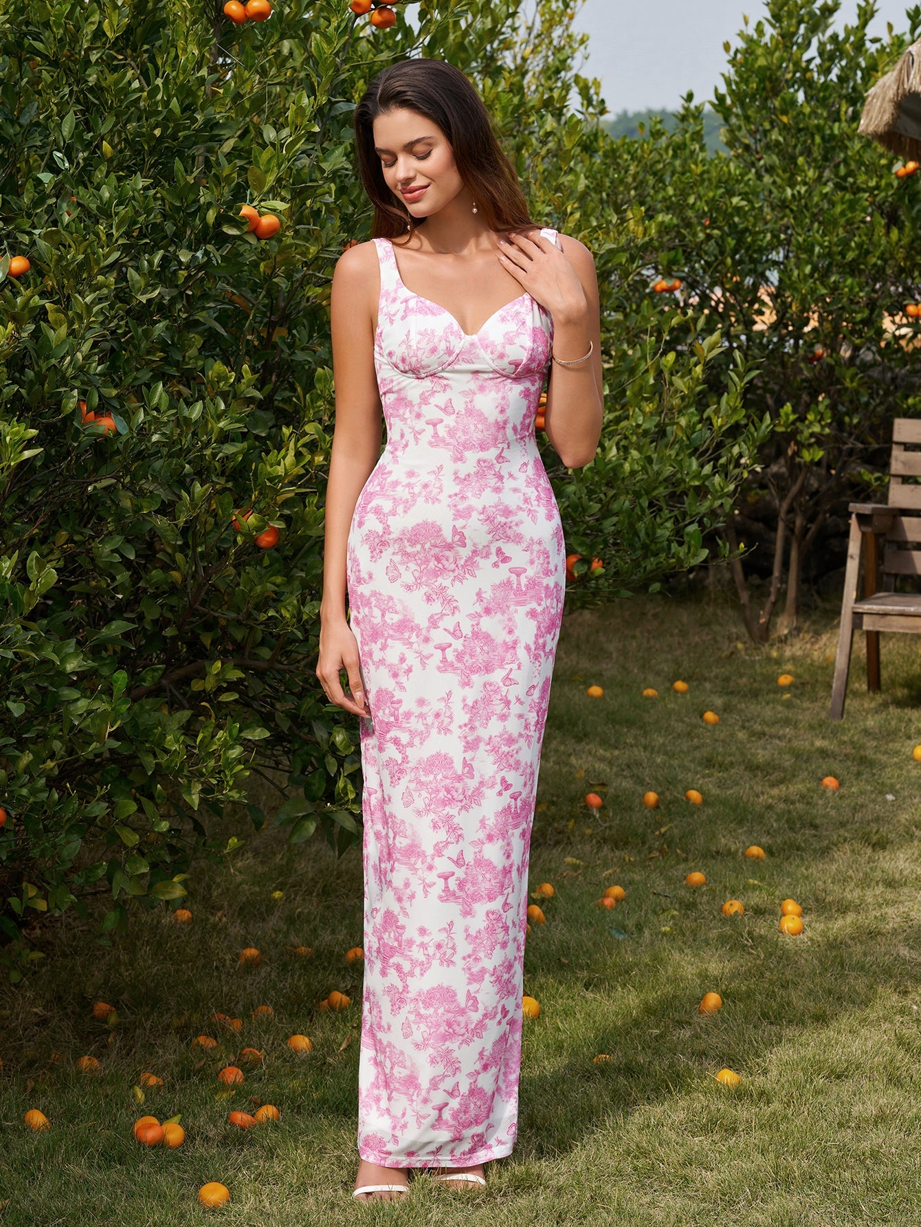 Split Hem Mesh Floral Print Bodycon Dress