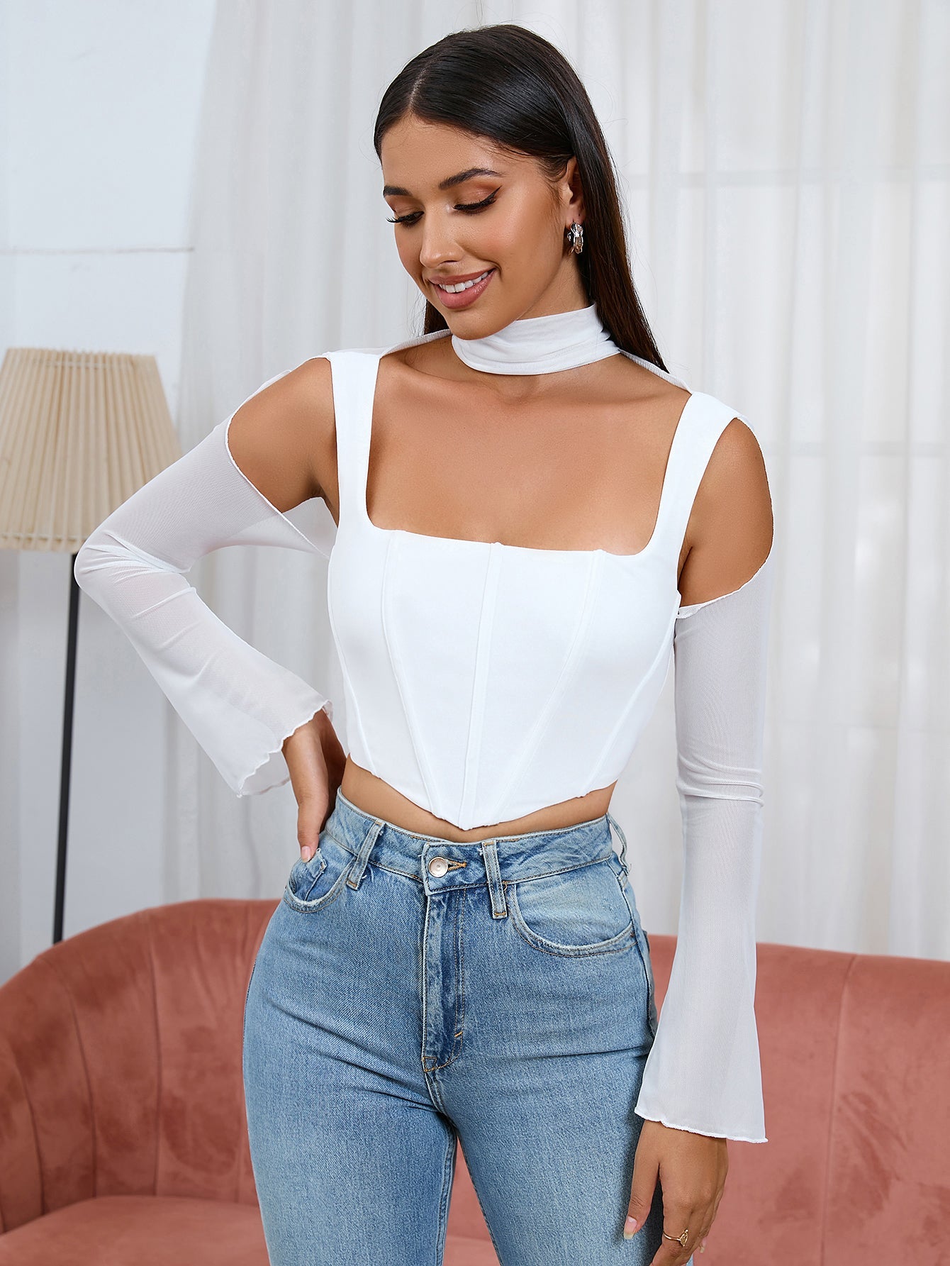 Boning Bell Sleeve Cut Out Mesh Corset Top
