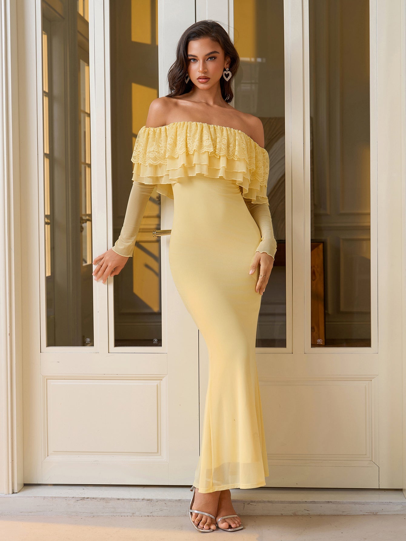 Off Shoulder Long Sleeve Bodycon Mesh Dress