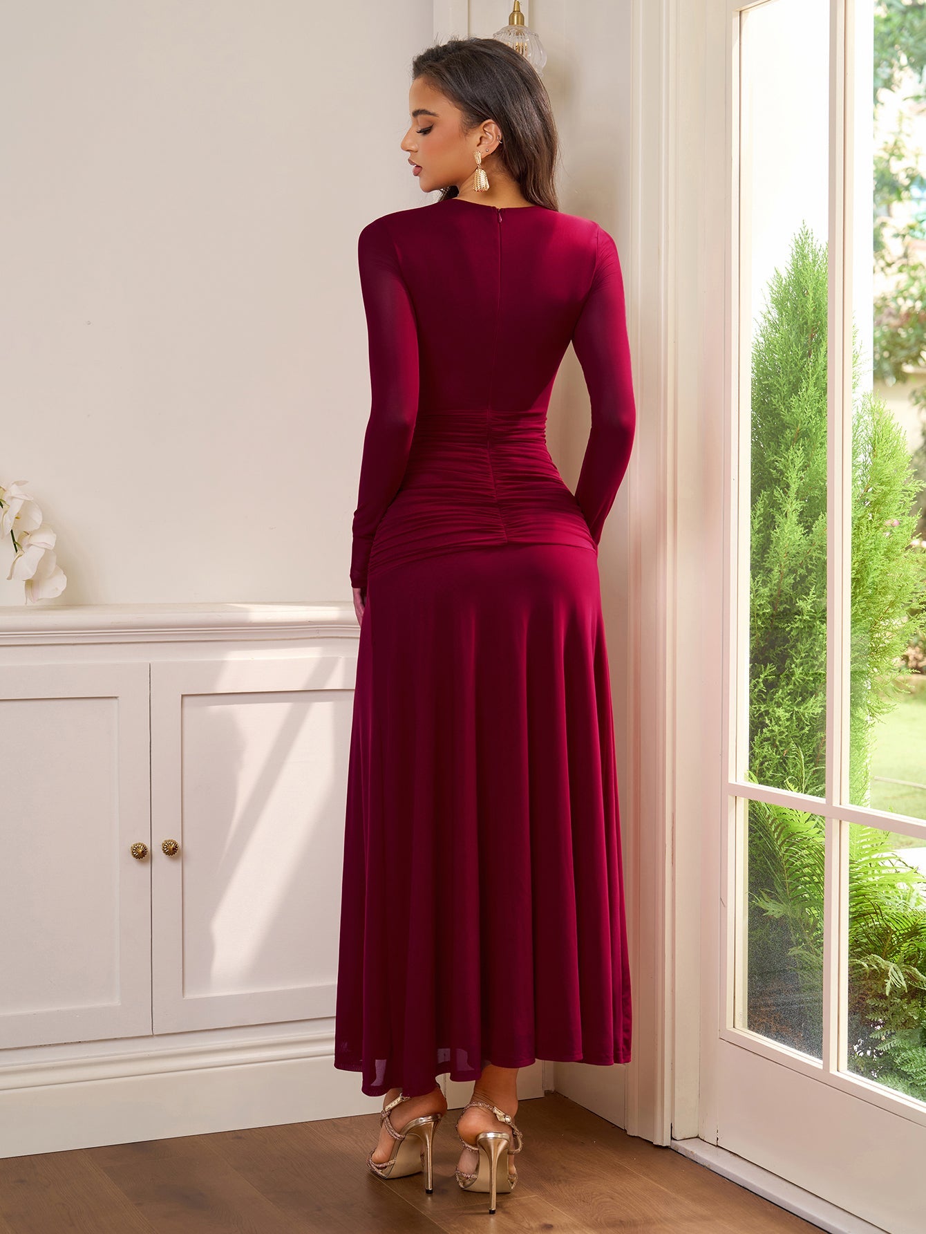 Ruched Crisscross Waist Split Thigh Mesh Dress