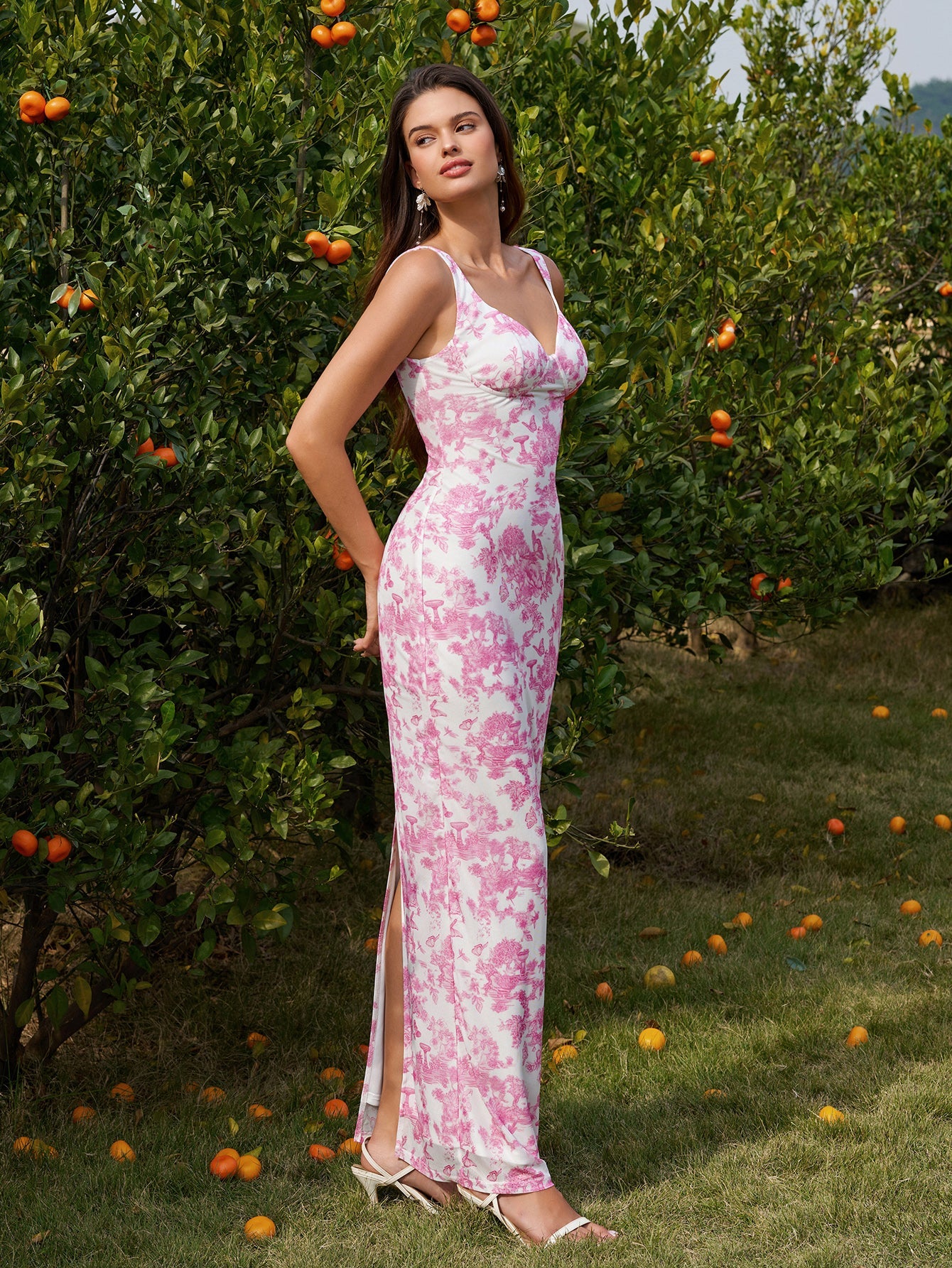 Split Hem Mesh Floral Print Bodycon Dress